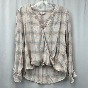 Pink Rose Womens Hi Lo Top Multicolor Plaid Long Sleeve Roll Tab V Neck Rayon M
